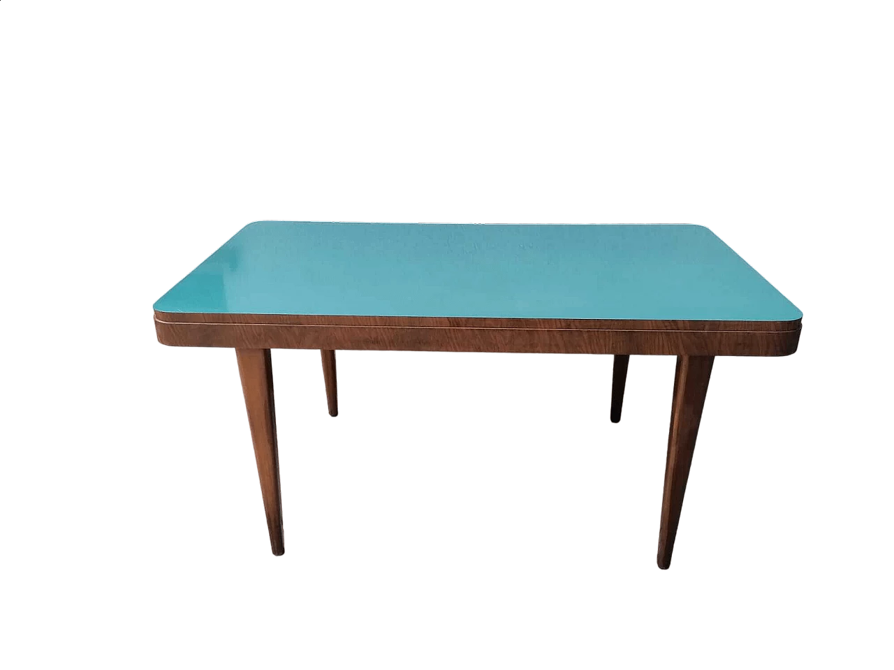 Wood table with blue formica top, 1940s 10