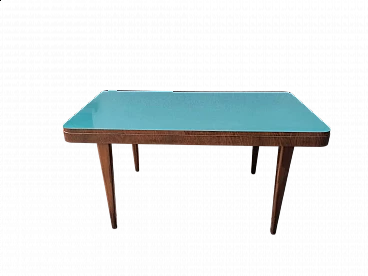 Wood table with blue formica top, 1940s