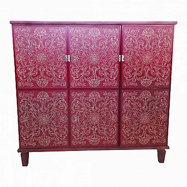 Inlaid red lacquered wooden bar cabinet, 1980s