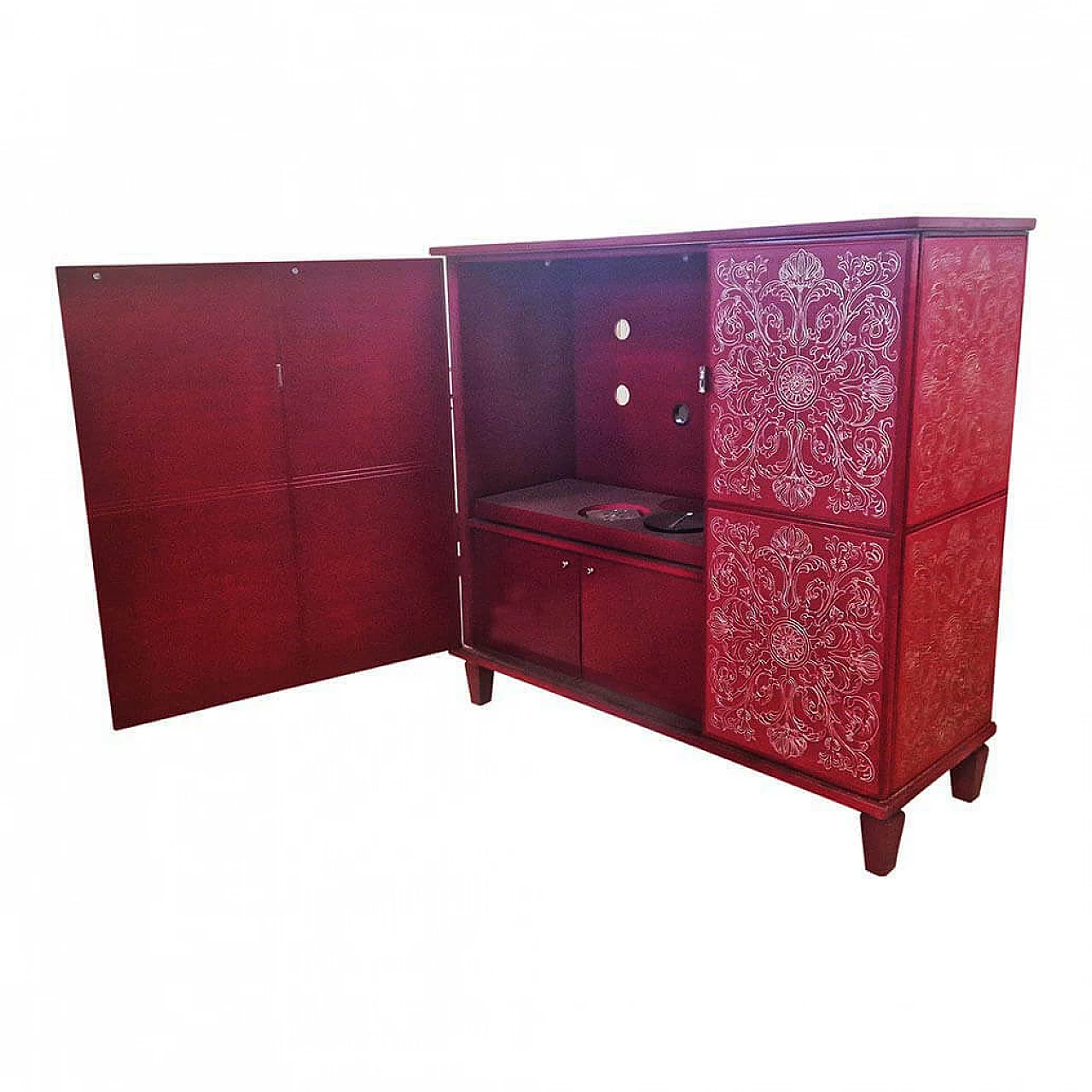 Inlaid red lacquered wooden bar cabinet, 1980s 2