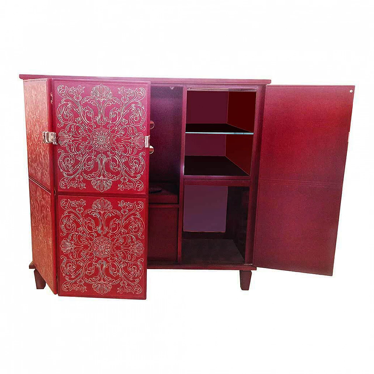 Inlaid red lacquered wooden bar cabinet, 1980s 3