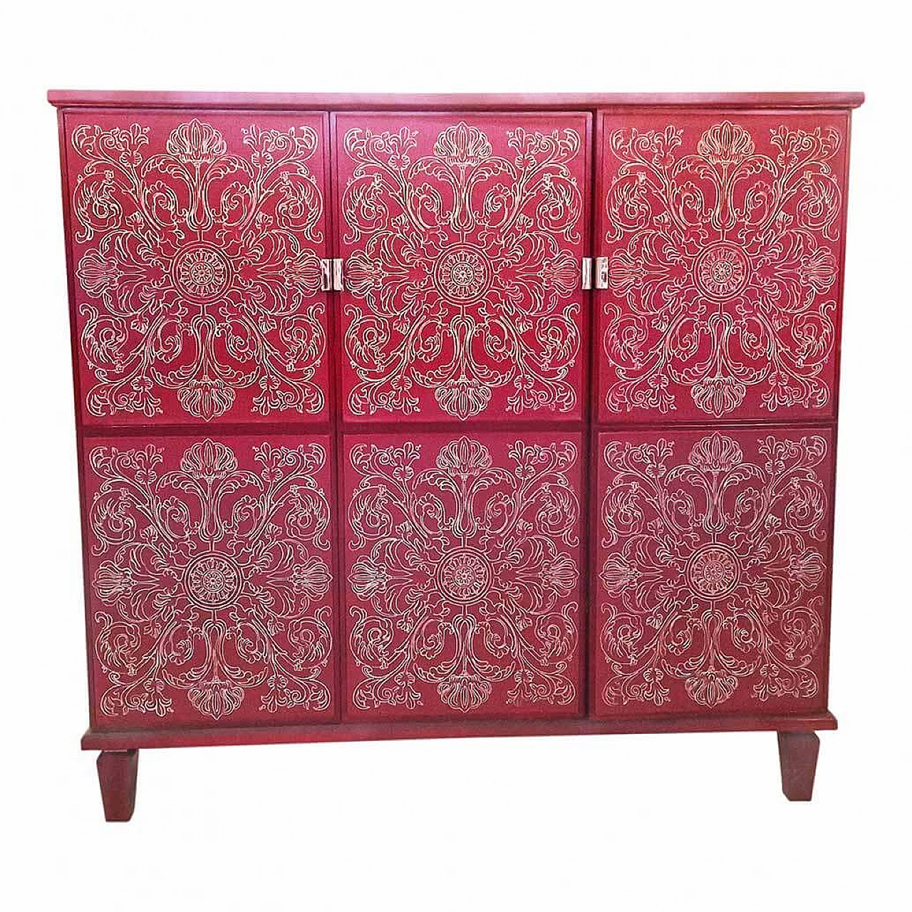 Inlaid red lacquered wooden bar cabinet, 1980s 5