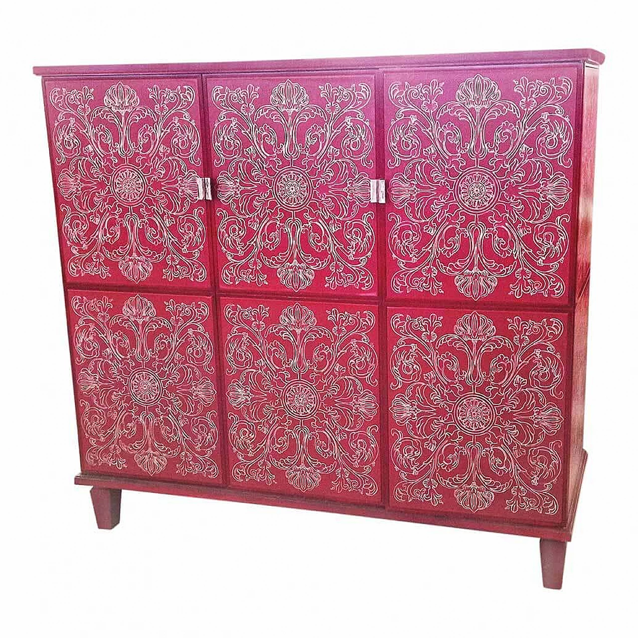 Inlaid red lacquered wooden bar cabinet, 1980s 6