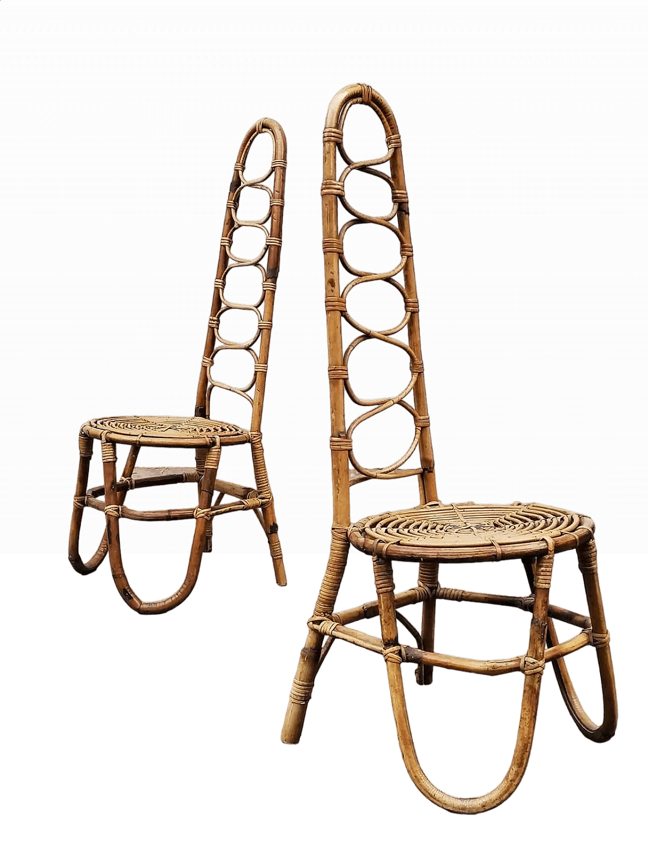 Coppia di sedie in bambù, malacca e giunco, anni '60 11