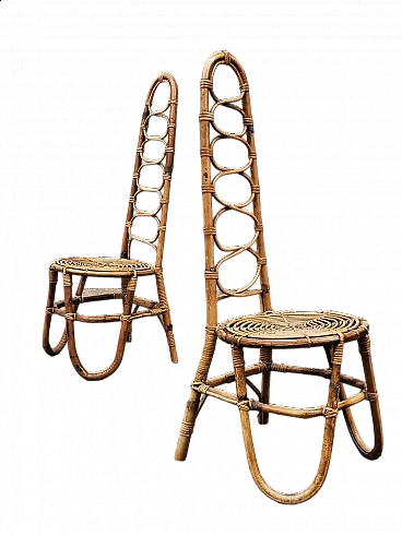 Coppia di sedie in bambù, malacca e giunco, anni '60
