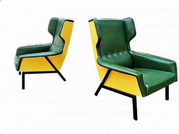 Pair of green and yellow skai armchairs, 1960s