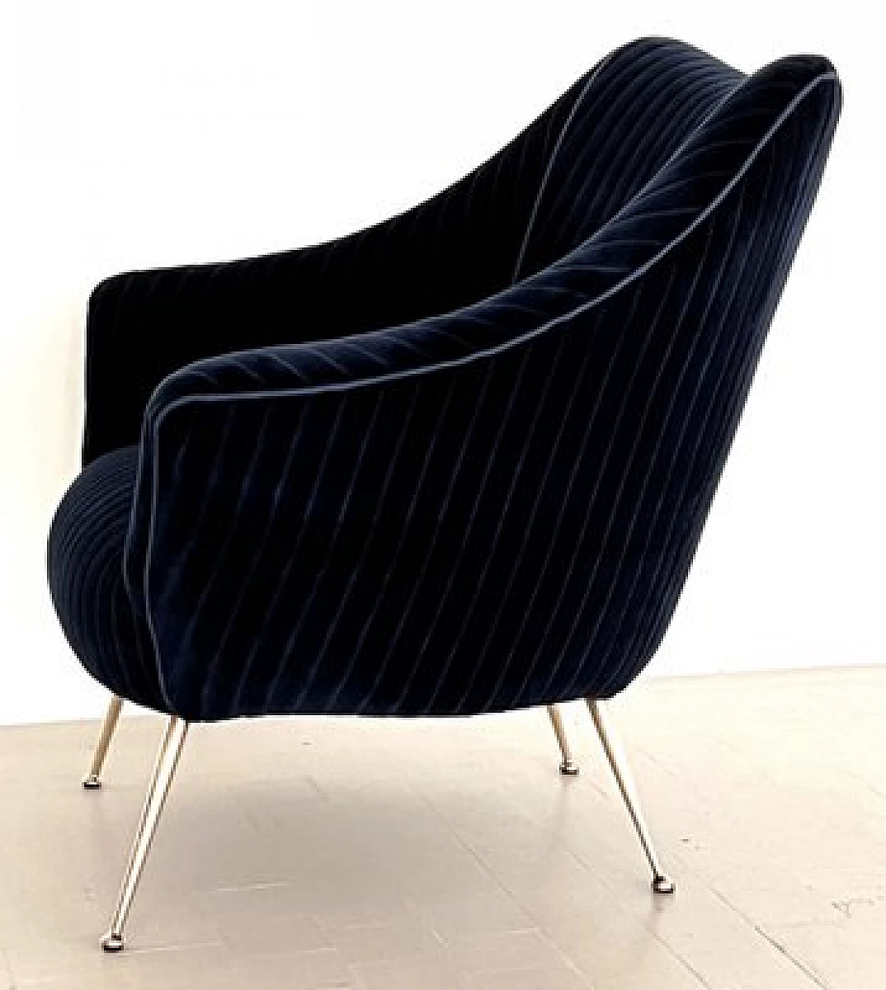 Brass and blue velvet armchair, 1970s 2