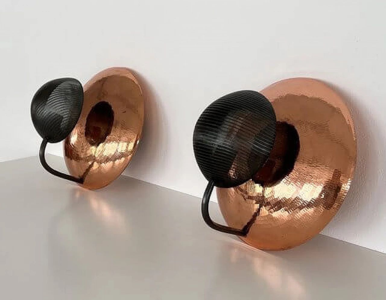 Pair of hammered copper and black perforated metal wall lights, 1970s 2