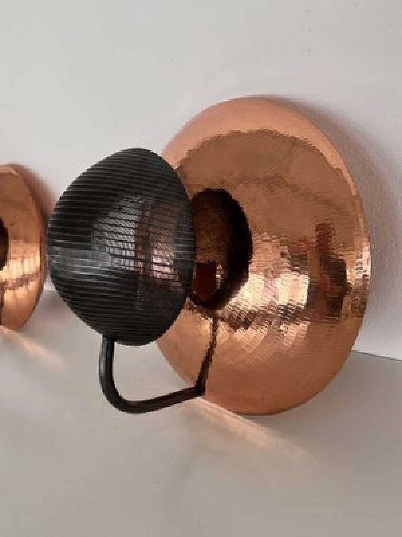 Pair of hammered copper and black perforated metal wall lights, 1970s 4