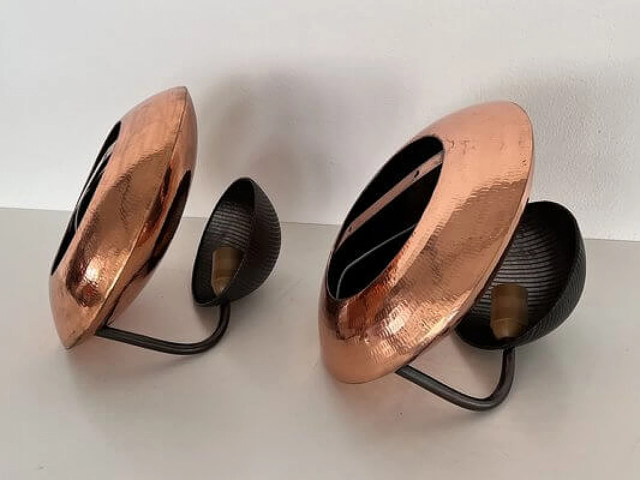Pair of hammered copper and black perforated metal wall lights, 1970s 5