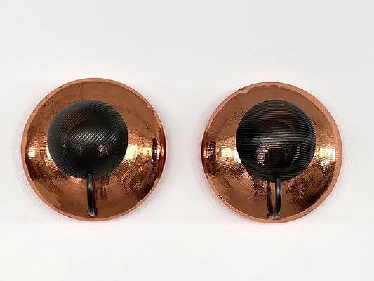 Pair of hammered copper and black perforated metal wall lights, 1970s 7