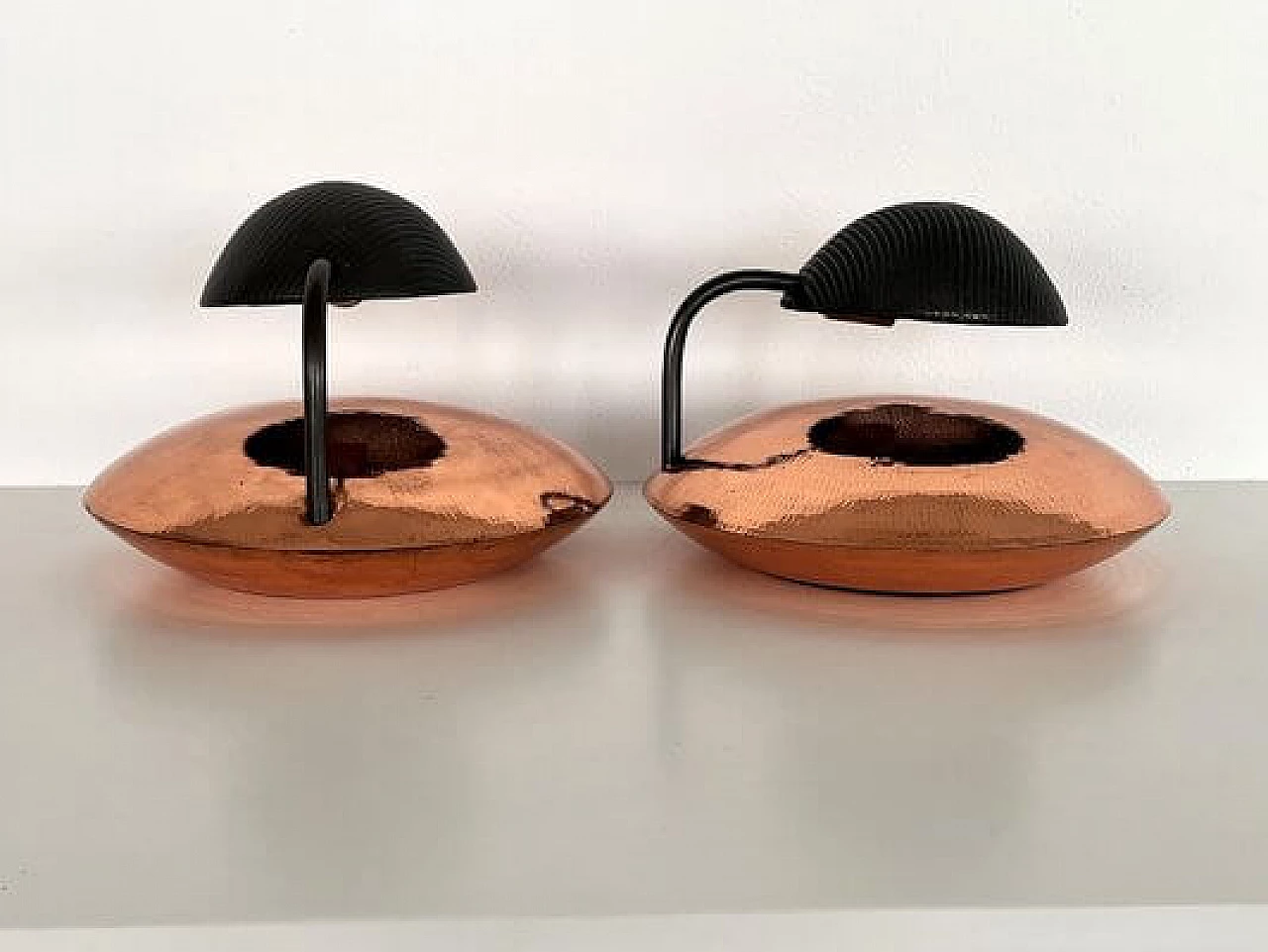 Pair of hammered copper and black perforated metal wall lights, 1970s 9