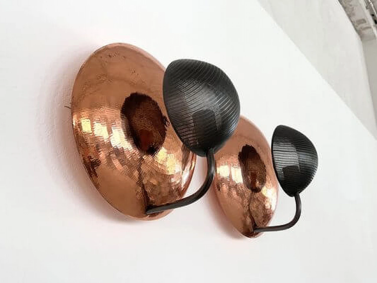 Pair of hammered copper and black perforated metal wall lights, 1970s 10