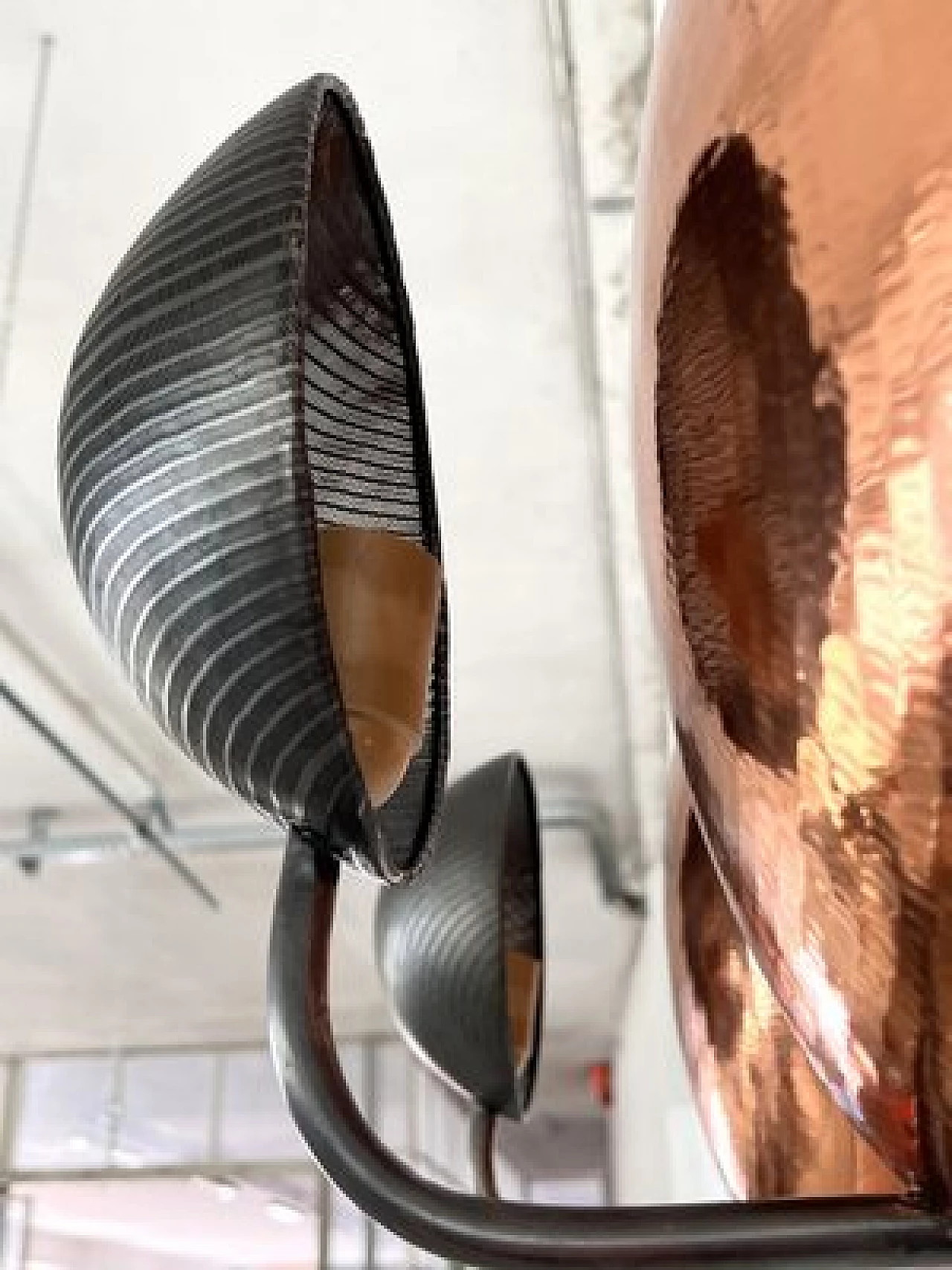 Pair of hammered copper and black perforated metal wall lights, 1970s 11