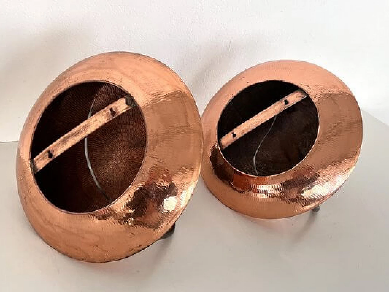 Pair of hammered copper and black perforated metal wall lights, 1970s 12