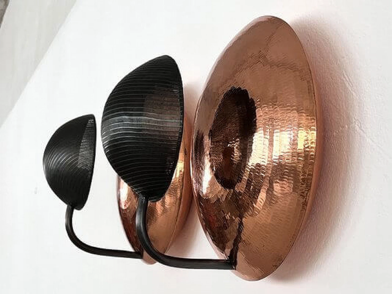 Pair of hammered copper and black perforated metal wall lights, 1970s 13