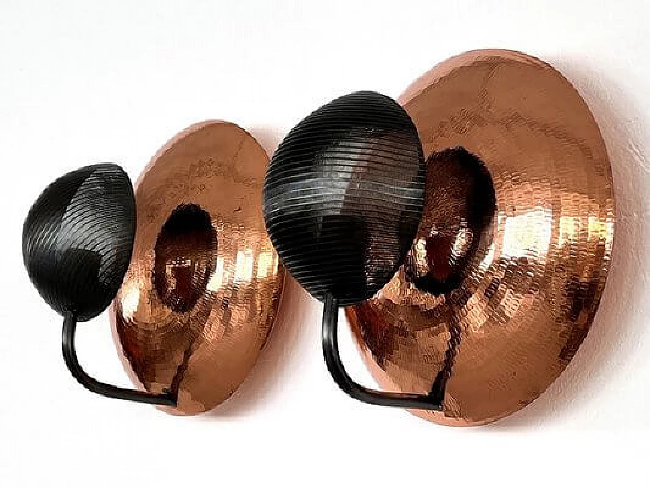 Pair of hammered copper and black perforated metal wall lights, 1970s 14