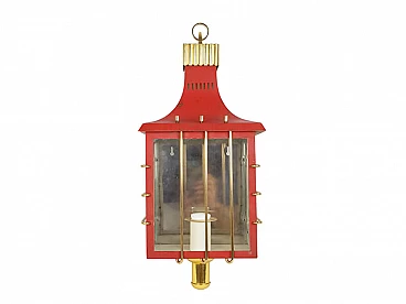 Red metal, brass and glass wall lamp, 1950s