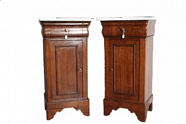 Pair of Cappuccini walnut bedside tables with Carrara marble top, mid-19th century