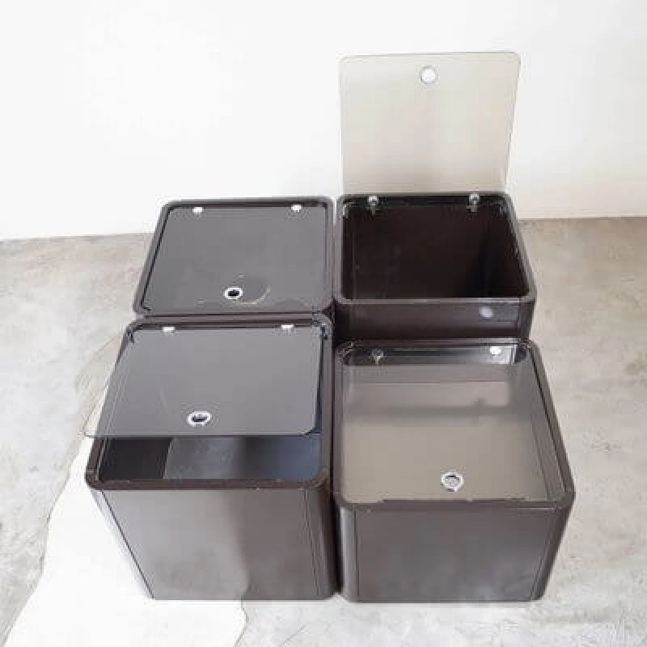 4 Modular boxes in walnut, aluminium and smoked glass, 1970s 6