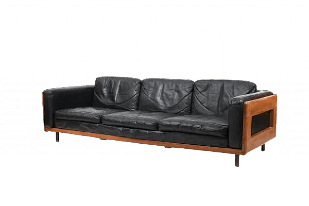 Danish solid oak and black leather sofa, 1960s 14