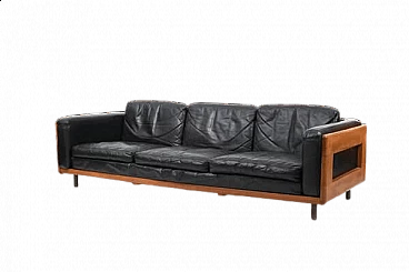 Danish solid oak and black leather sofa, 1960s