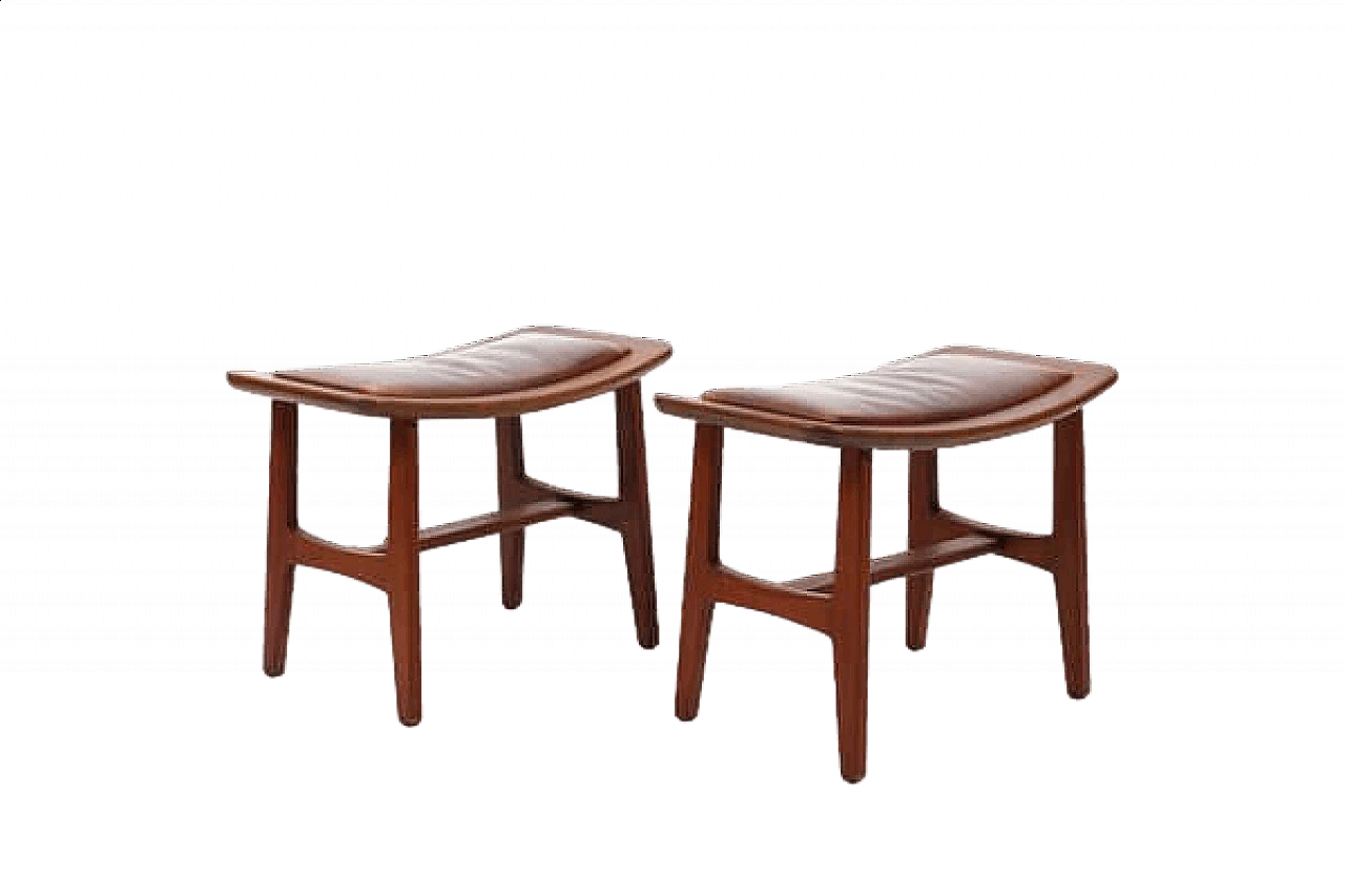 Pair of Danish solid teak and brown leather stools, 1960s 13