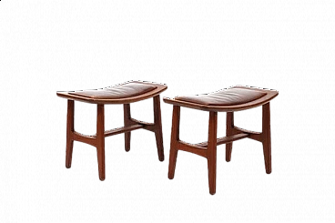 Pair of Danish solid teak and brown leather stools, 1960s