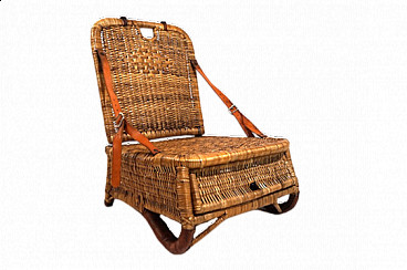 Rattan and leather folding beach chair, 1940s