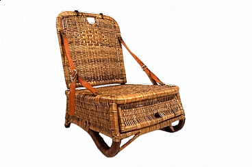 Rattan and leather folding beach chair, 1940s