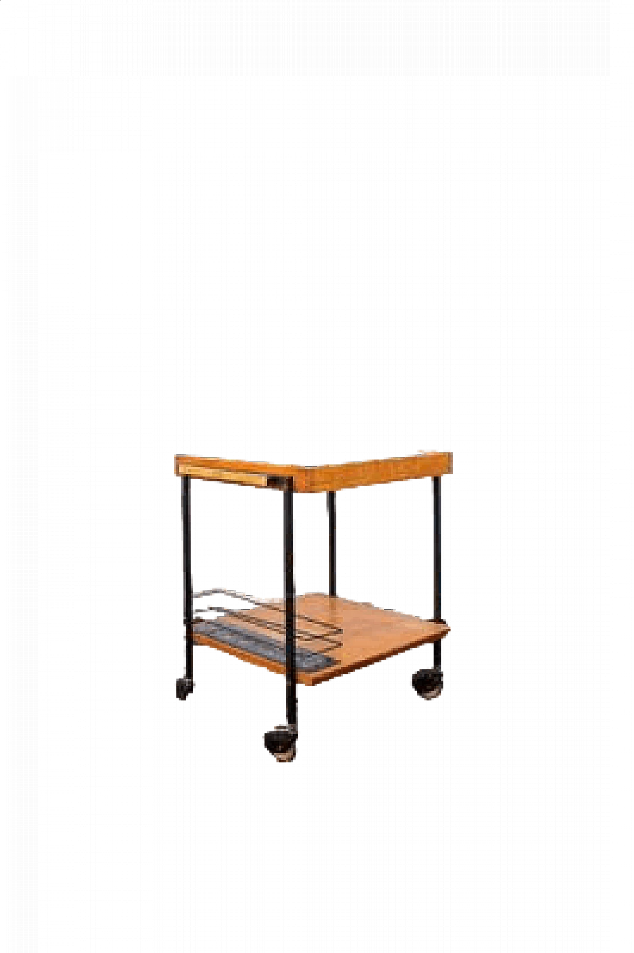 Wooden and metal bar cart with leather and enamel details, 1950s 8