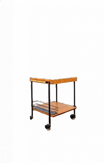 Wooden and metal bar cart with leather and enamel details, 1950s