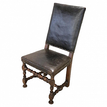 Louis XIV solid walnut and leather chair, 17th century