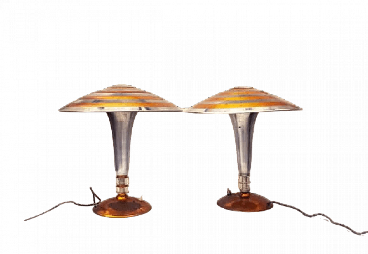 Pair of table lamps in chrome and copper metal, 1930s 11