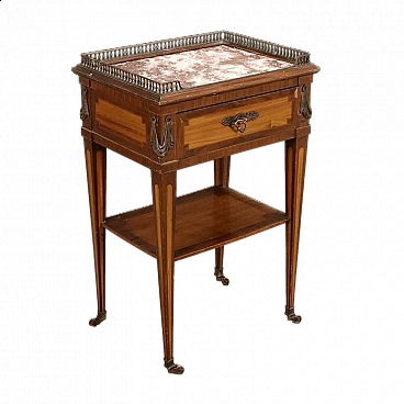 Inlaid wood bedside table with Macchia Vecchia marble top