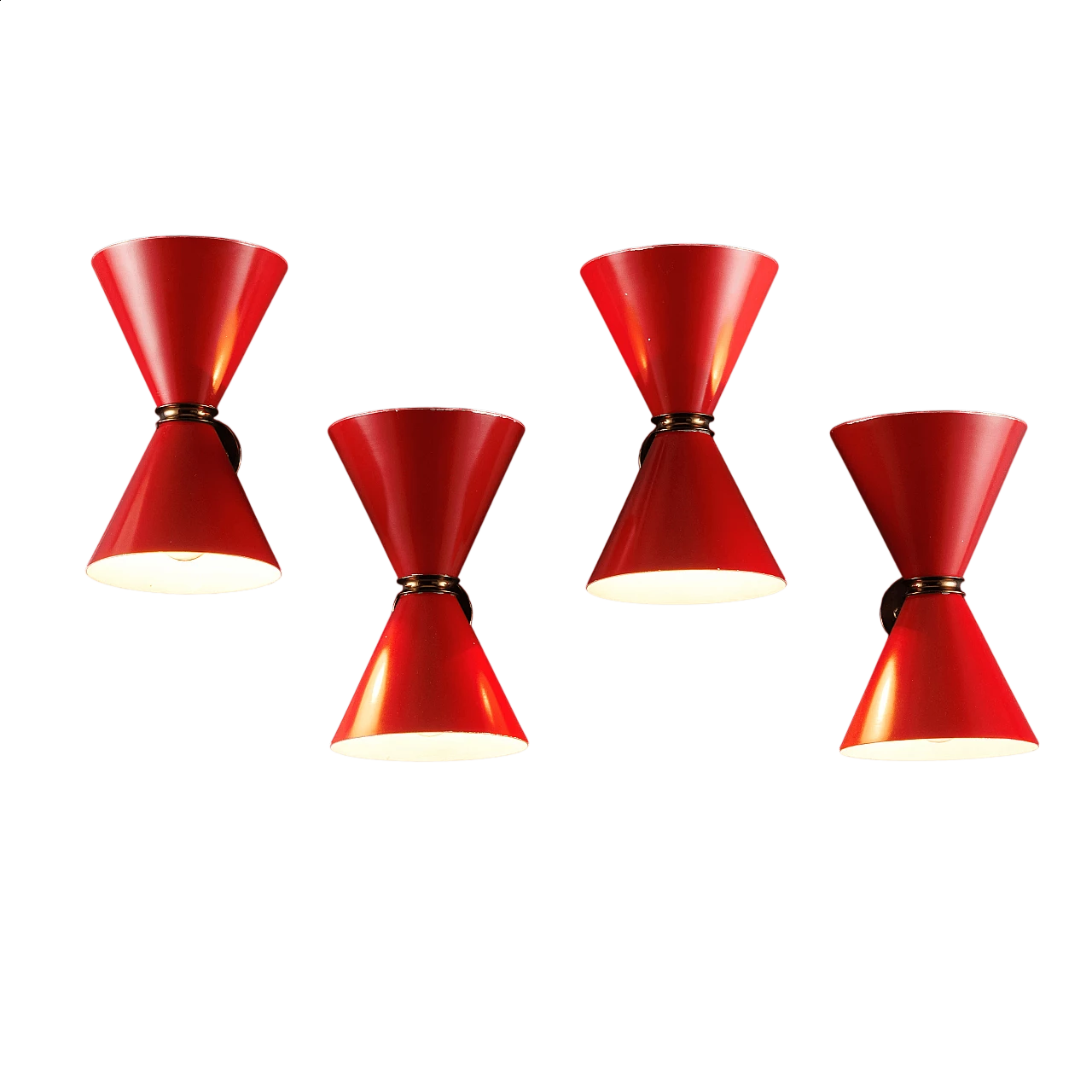 4 Enamelled red metal and brass wall lamps, 1960s 8