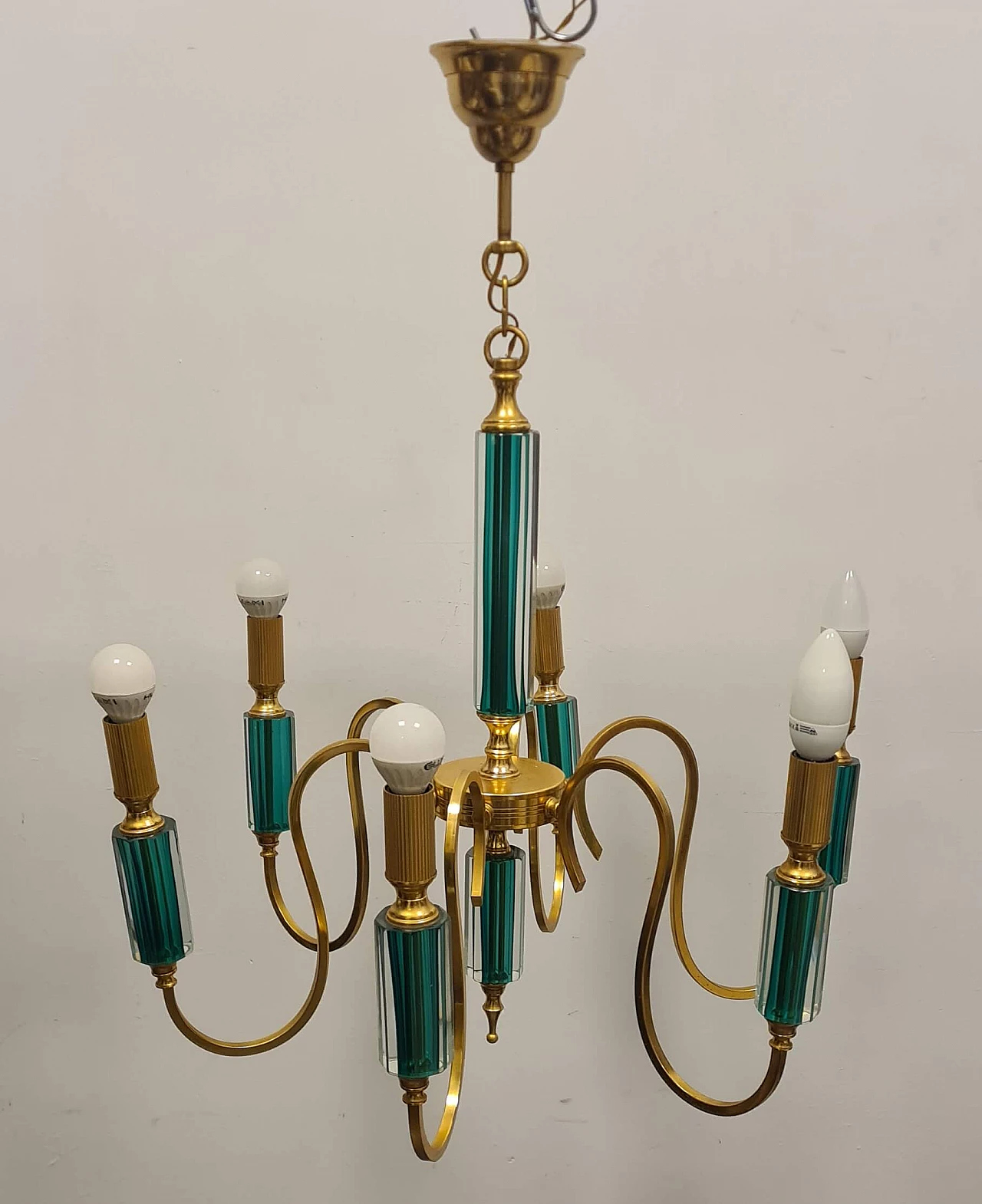 Six-light gilded metal and green submerged glass chandelier, 1980s 1