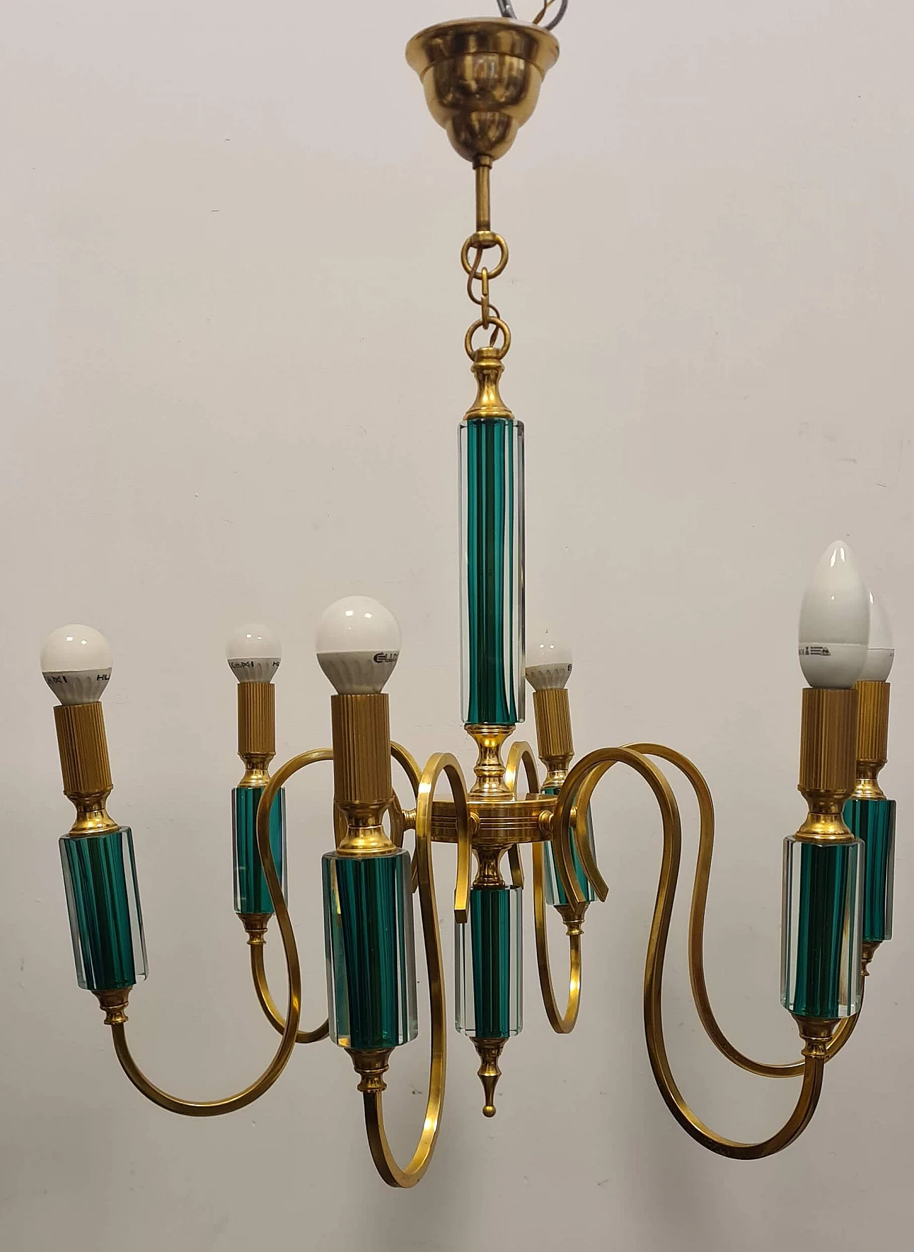 Six-light gilded metal and green submerged glass chandelier, 1980s 2