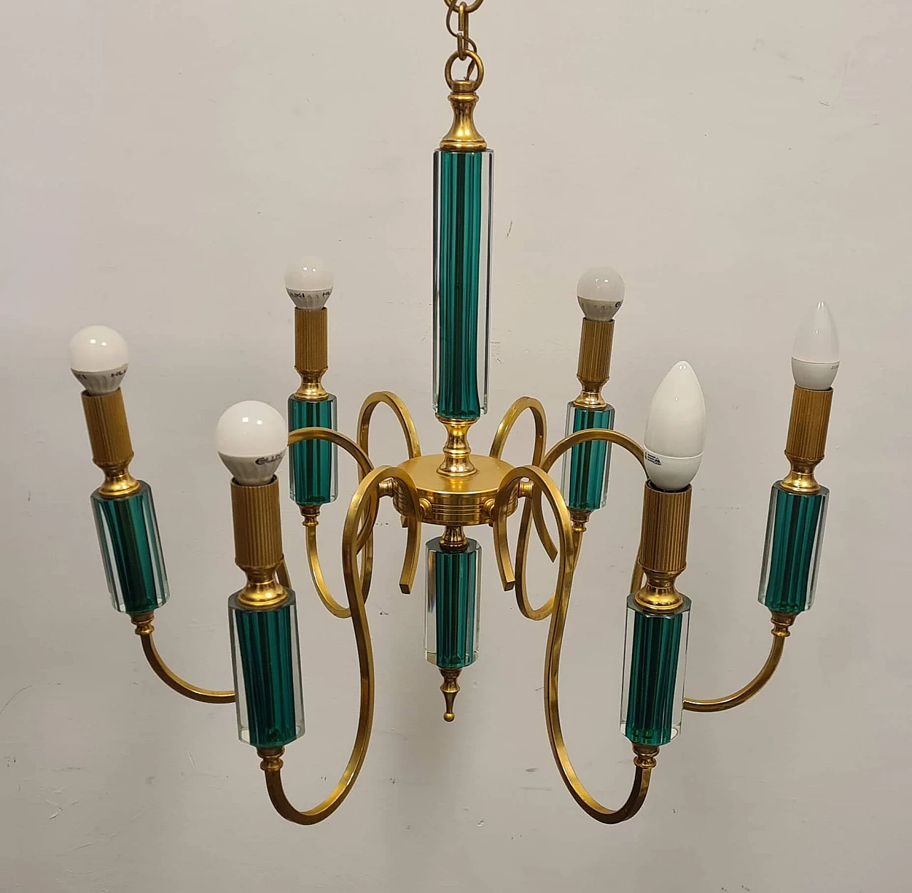 Six-light gilded metal and green submerged glass chandelier, 1980s 3