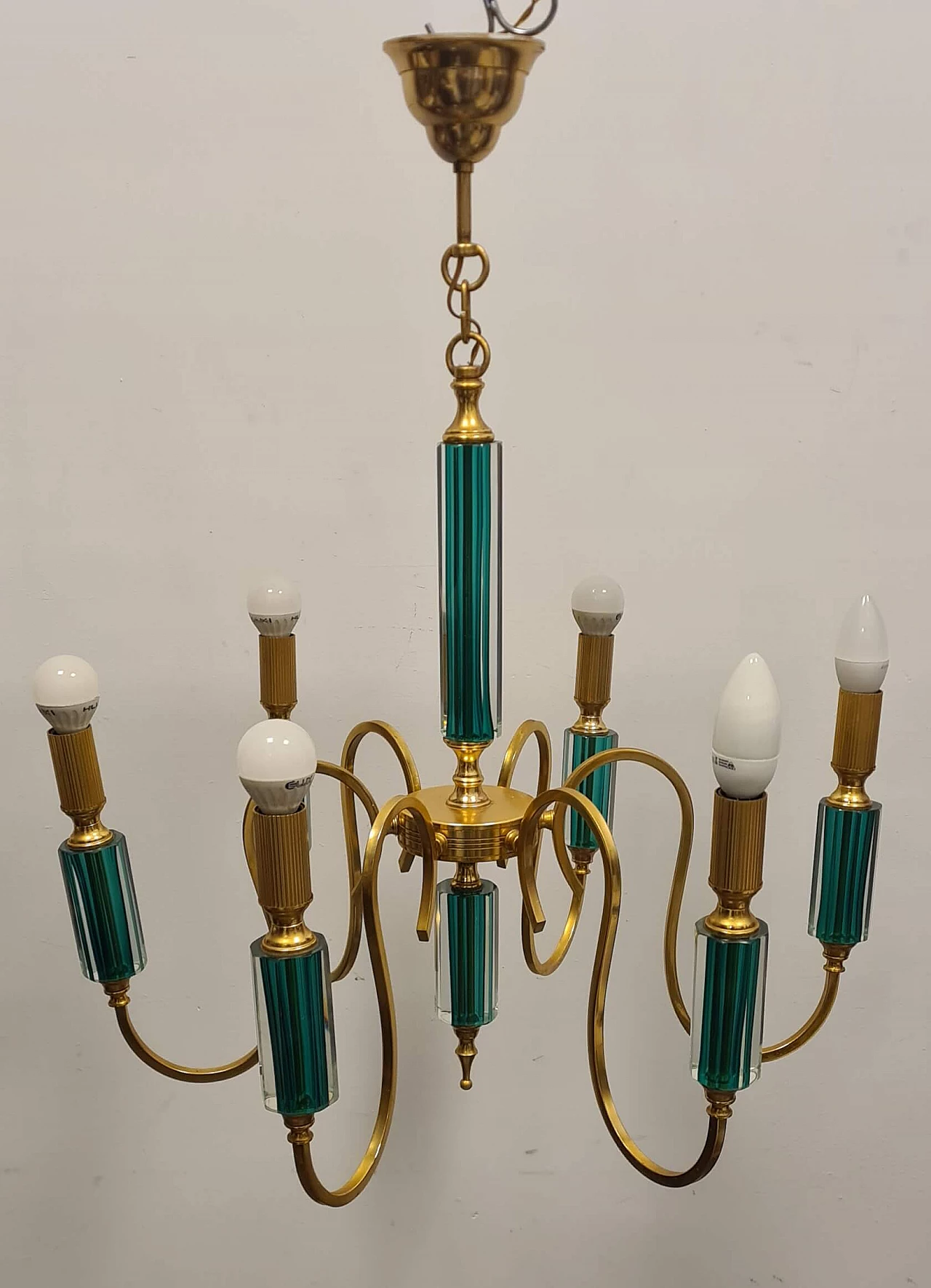 Six-light gilded metal and green submerged glass chandelier, 1980s 4
