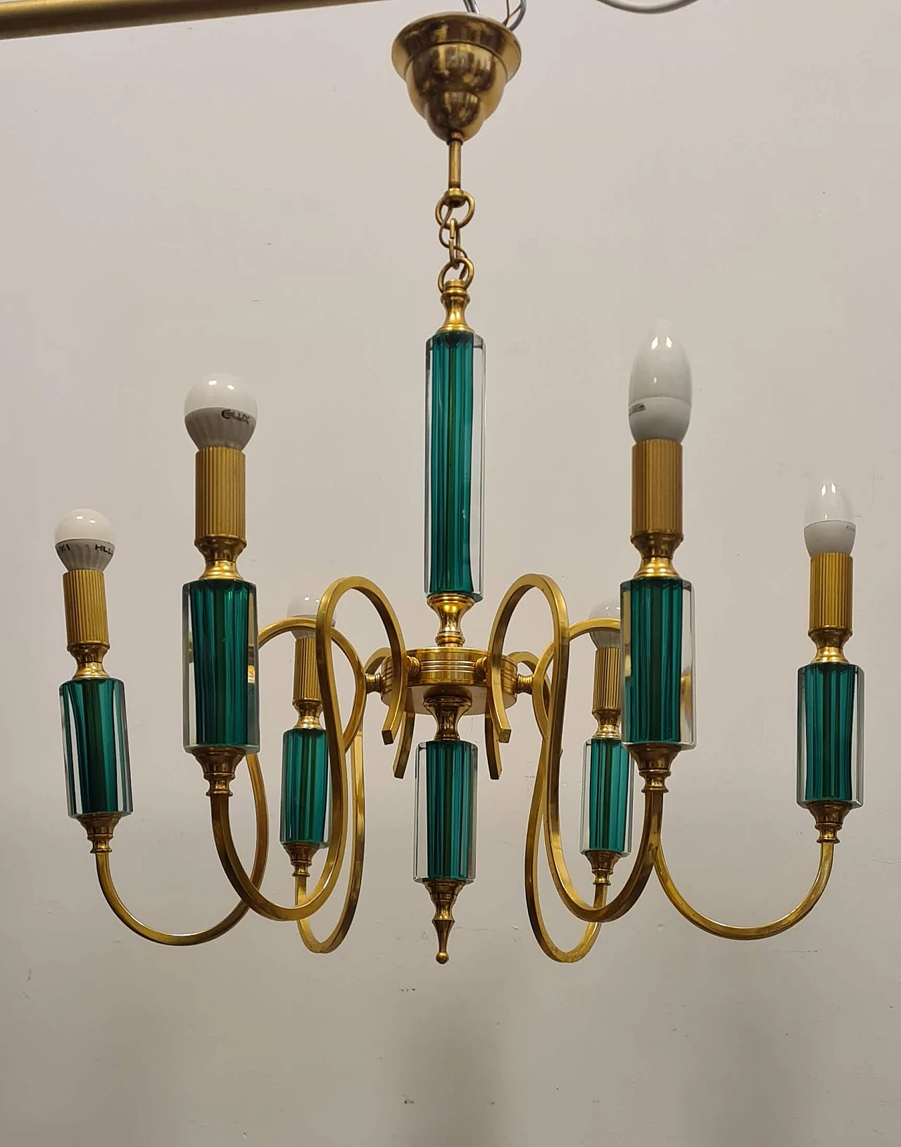 Six-light gilded metal and green submerged glass chandelier, 1980s 5