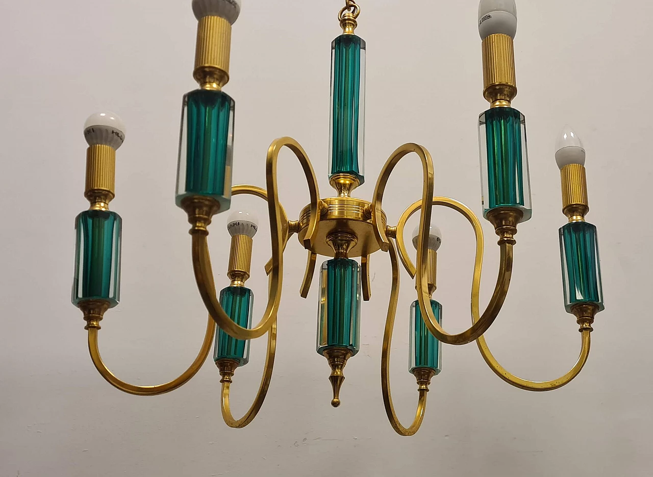Lampadario a sei luci in metallo dorato e vetro sommerso verde, anni '80 6