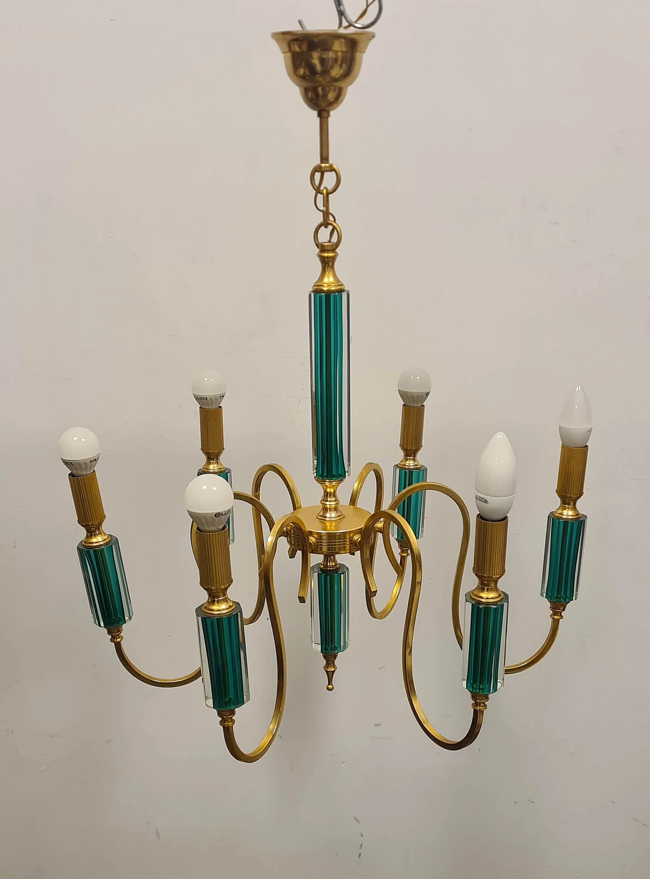 Six-light gilded metal and green submerged glass chandelier, 1980s 7