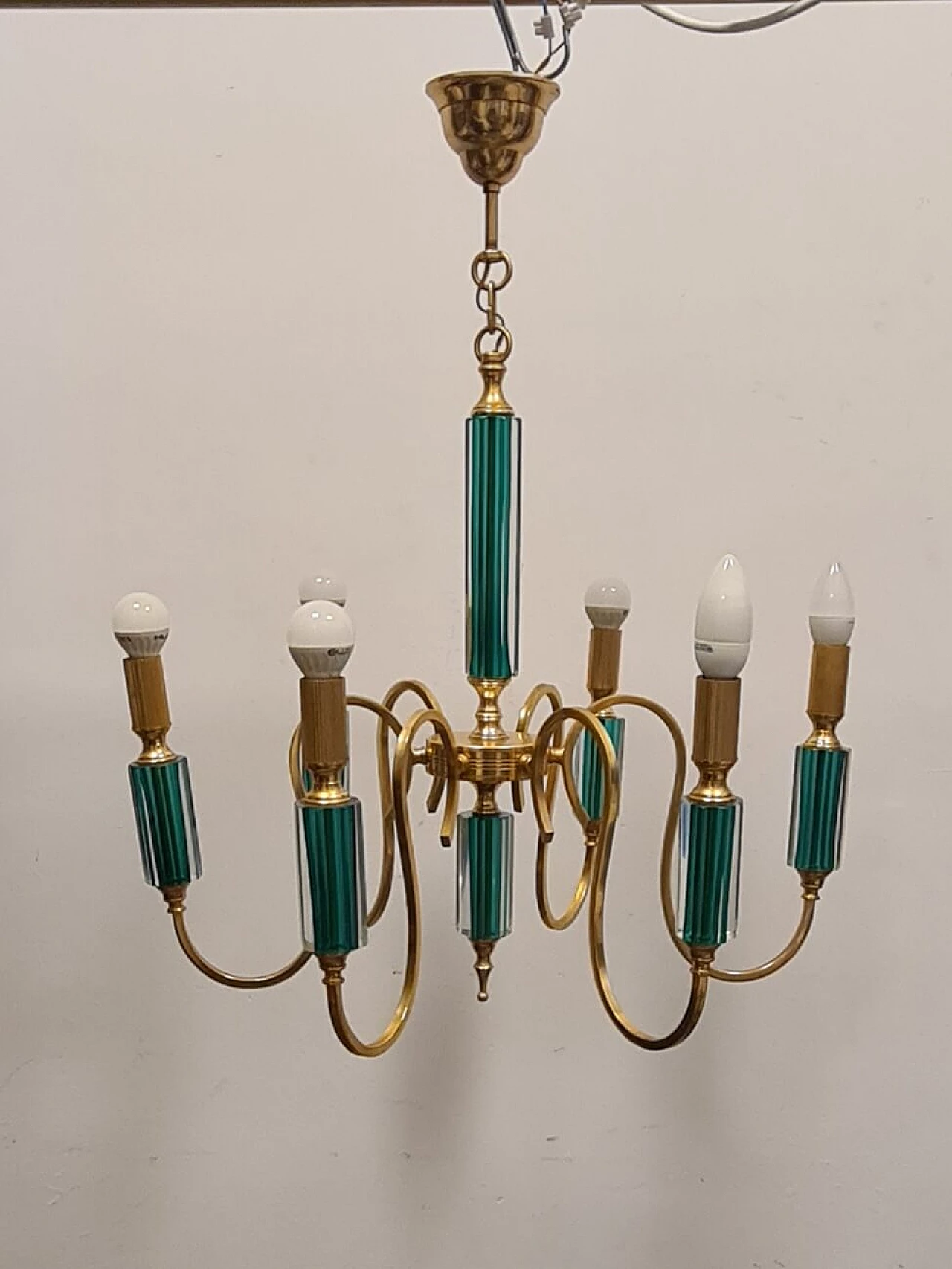 Six-light gilded metal and green submerged glass chandelier, 1980s 8