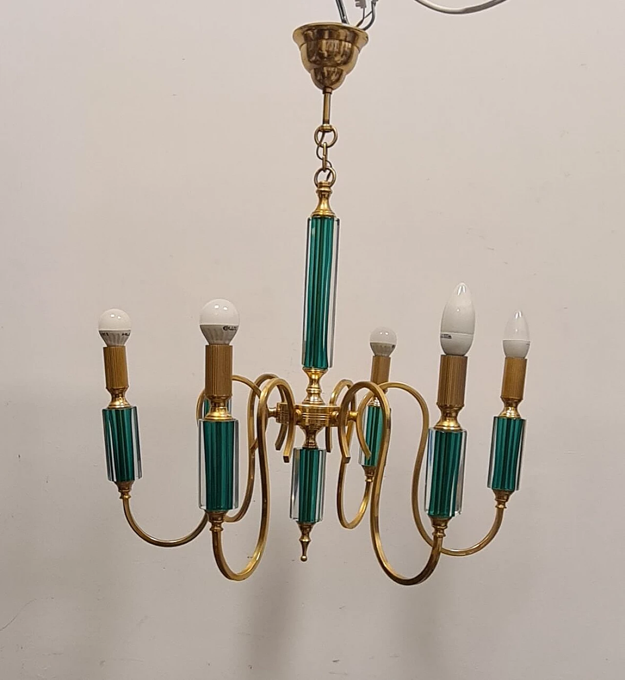 Six-light gilded metal and green submerged glass chandelier, 1980s 9