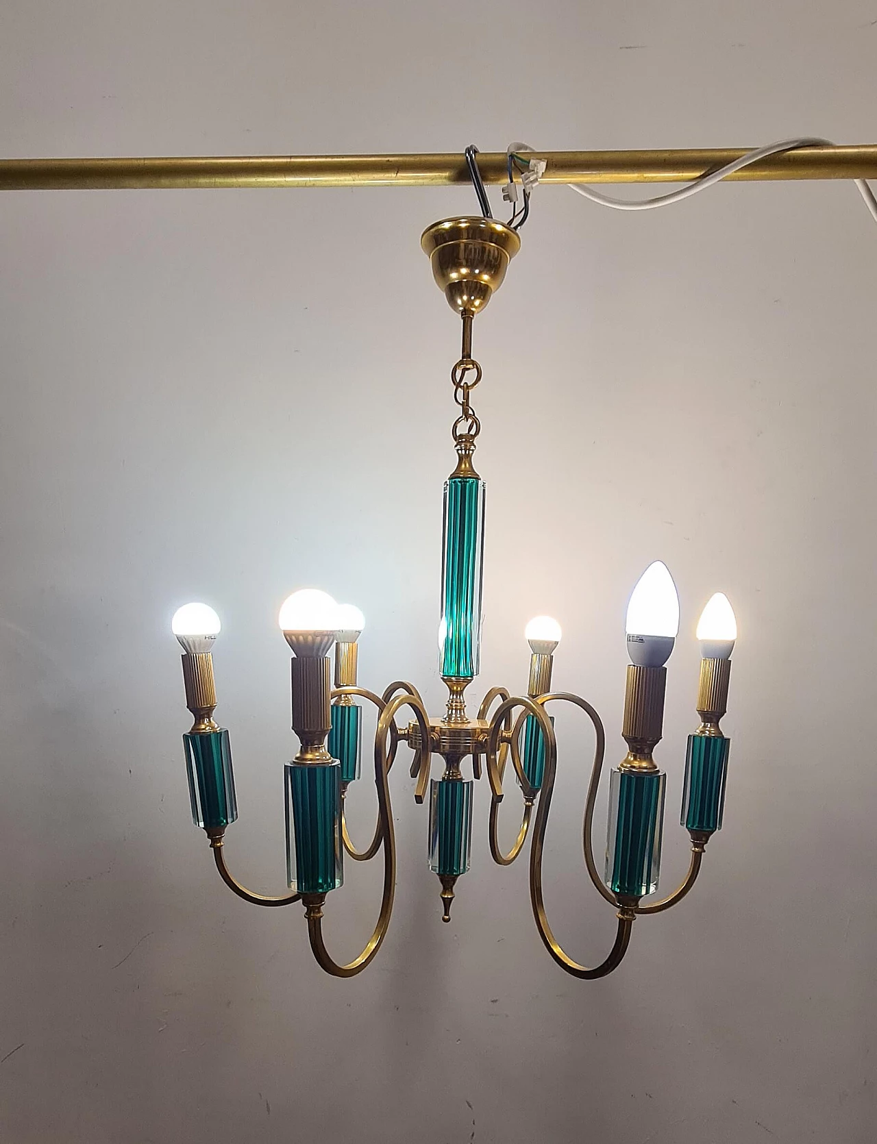 Six-light gilded metal and green submerged glass chandelier, 1980s 10