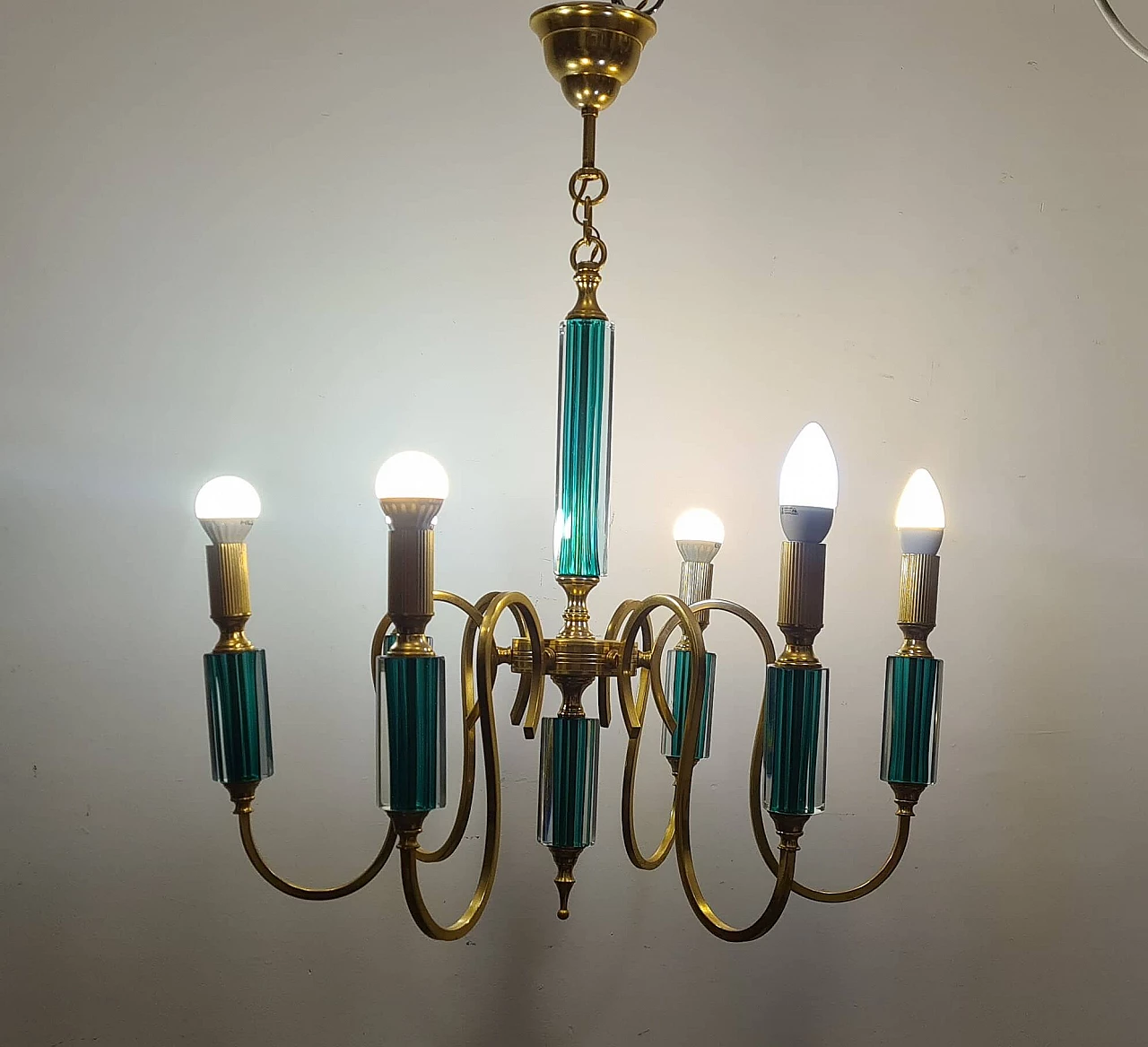 Six-light gilded metal and green submerged glass chandelier, 1980s 11