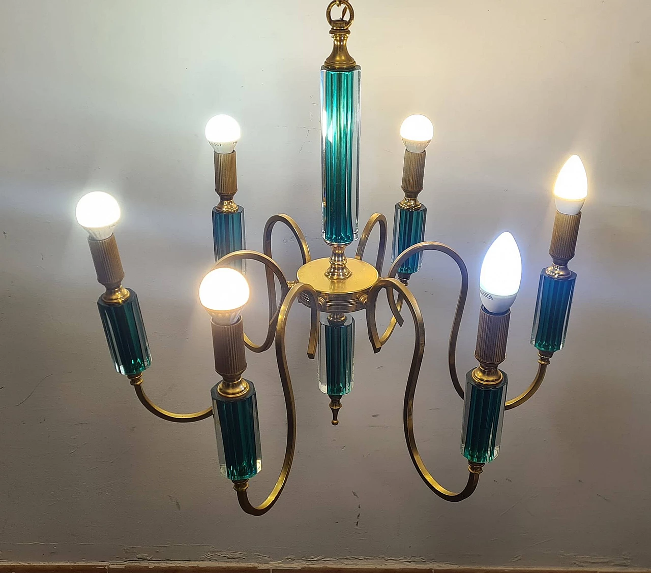 Six-light gilded metal and green submerged glass chandelier, 1980s 12