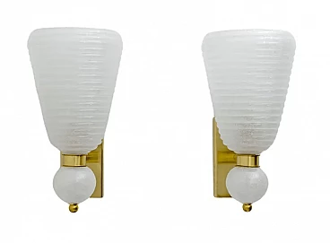 Pair of brass and Pulegoso Murano glass wall sconces, 1980s