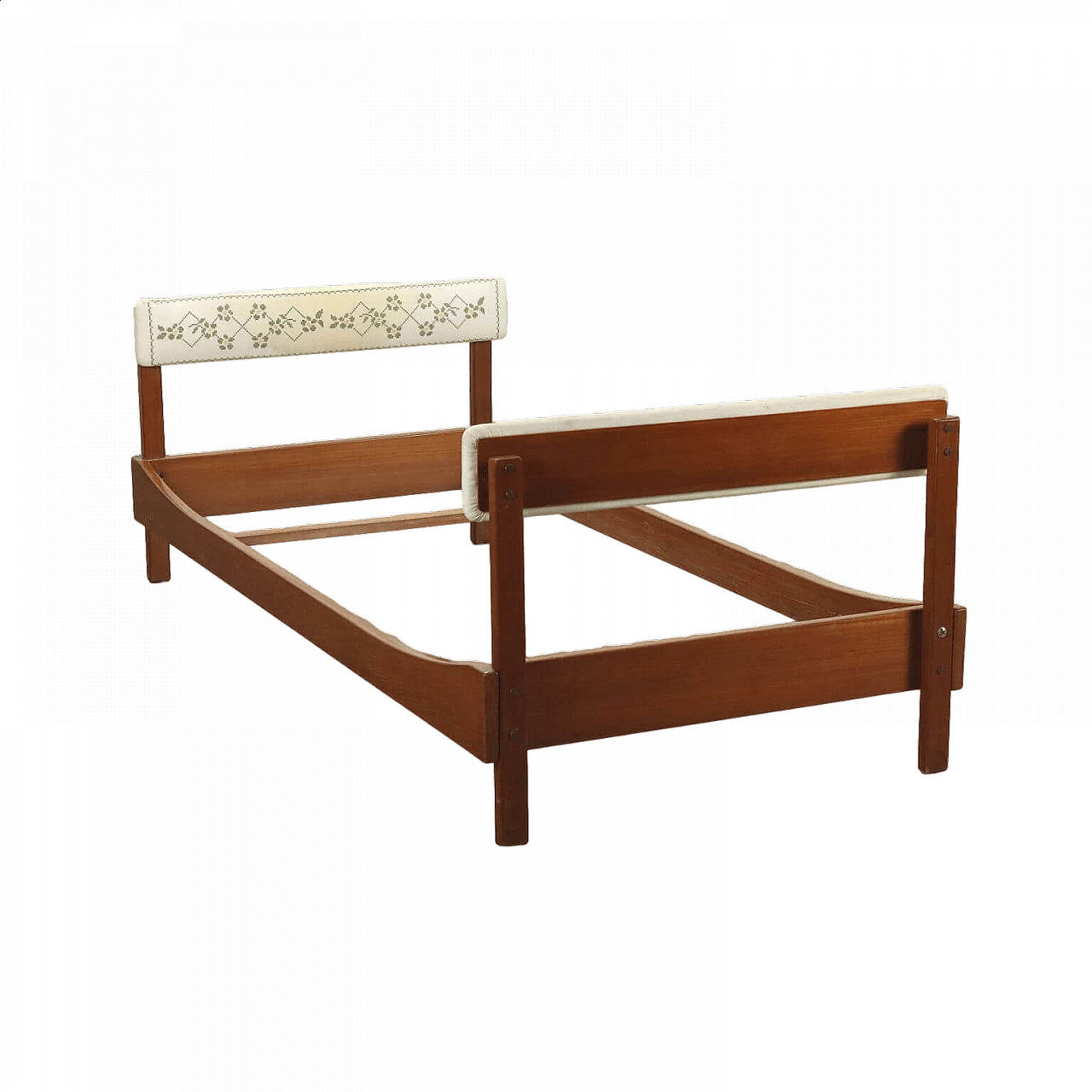 Teak single bed with upholstered headboard and footboard covered in fabric, 1960s 8